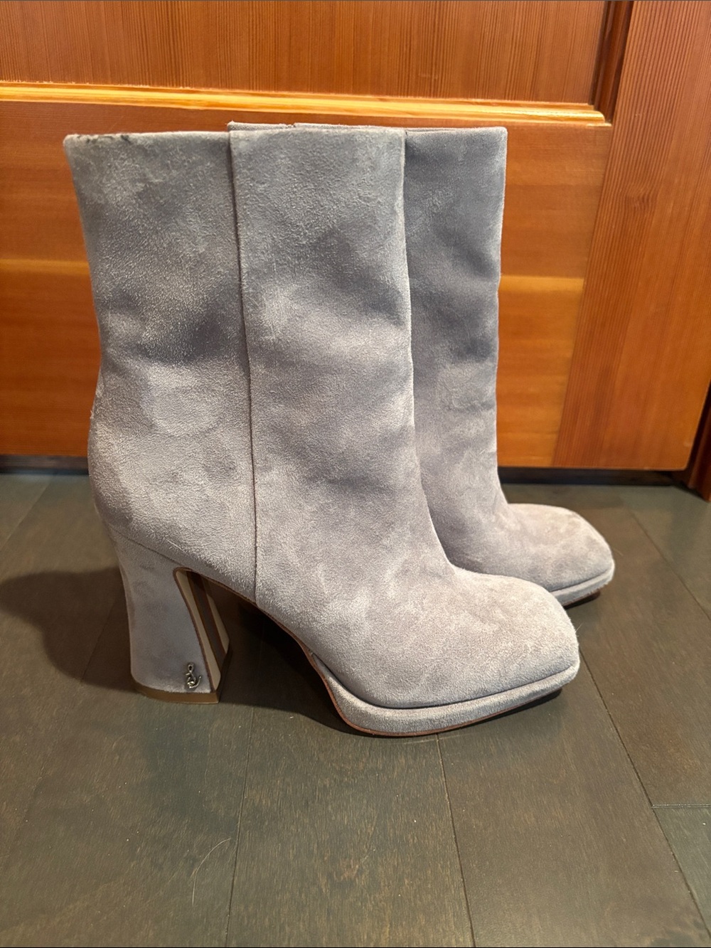 Sam Edelman Light Gray Suede Mid-Calf Block Heel Boots